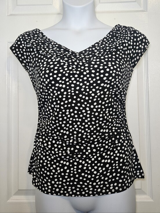 White House Black Market Tops - White House Black Market Black and White Polka Dot Cap Sleeve V-neck Top